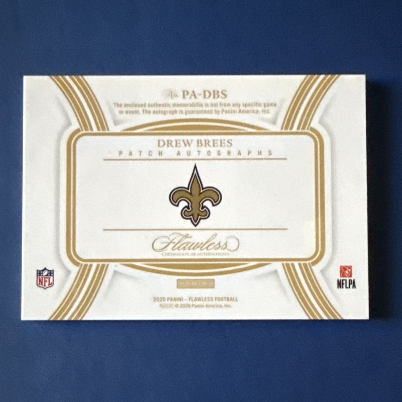 Panini Flawless 2023 Drew Brees Saints Patch Autographs PA-DBS Auto /10 view 2