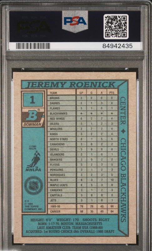 1990 Bowman Hockey #1 Jeremy Roenick Rookie RC Dual PSA 10 Auto 10 Pop 10 view 2