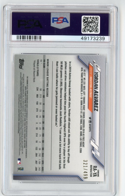 2020 Topps Chrome Refractor Yordan Alvarez PSA 10 Gem Mint Auto RC # 321/499 view 2