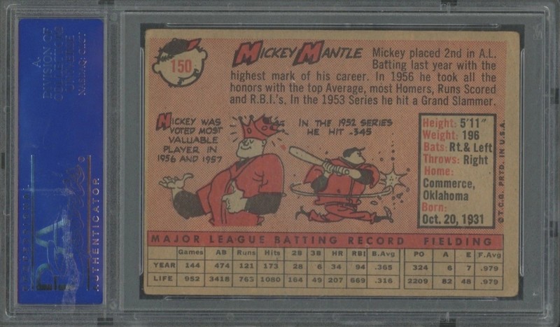 1958 Topps Baseball #150 Mickey Mantle VG PSA 3 view 2