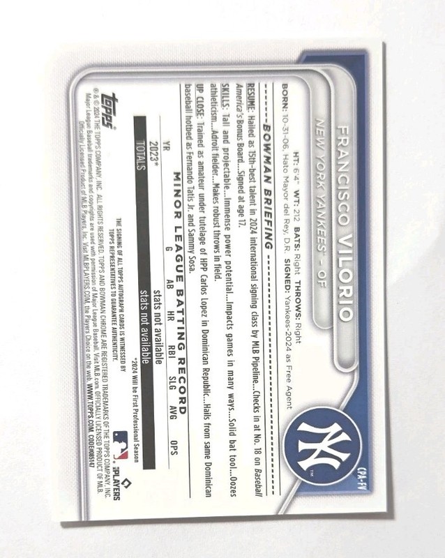 2024 Bowman Chrome Auto #CPA-FV Francisco Vilorio RC (YANKEES) !! view 2