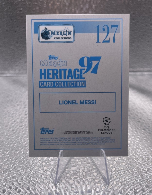 Lionel Messi 2021 Topps Merlin Orange Crystal Sapphire Auto 4/5 view 2