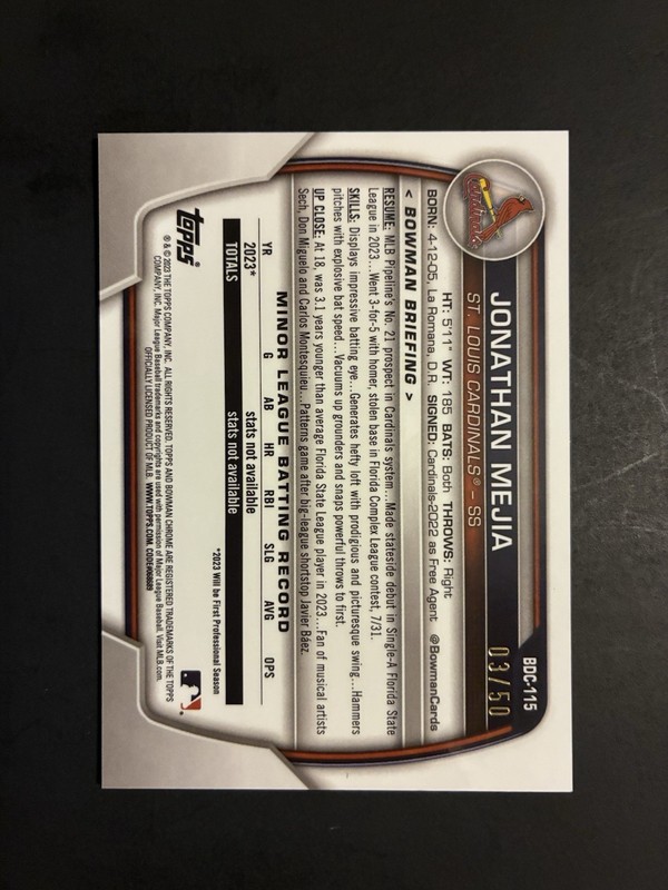 2023 Bowman Chrome Draft Sapphire Edition - Jonathan Mejia #BDC-115 Gold /50 1st view 2