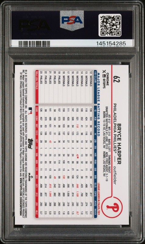 Bryce Harper 2024 Topps Chrome #62 X-Fractor PSA 10 view 2