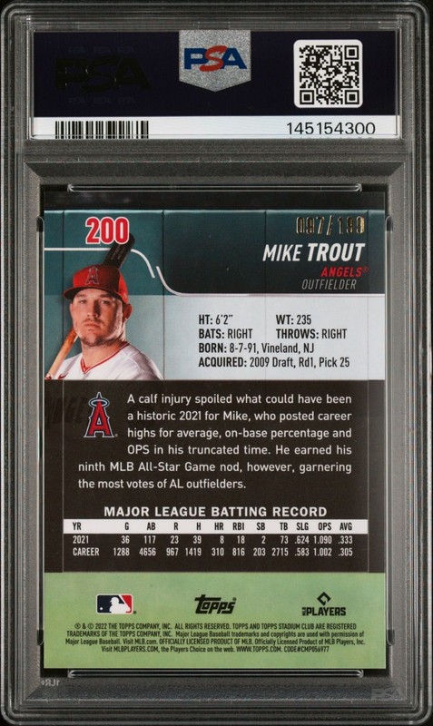 Mike Trout 2022 Stadium Club Chrome #200 Blue Refractor /199 PSA 10 view 2