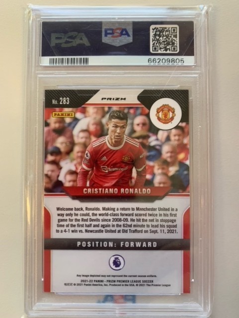Cristiano Ronaldo PSA 10 Red Ice 2021 Panini Prizm Premier League 283 Manchester view 2