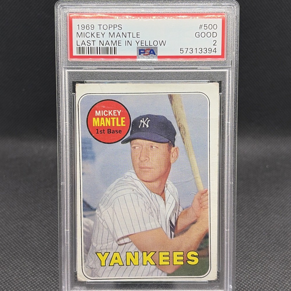 1969 TOPPS MICKEY MANTLE #500 LAST NAME IN YELLOW PSA 2 GOOD