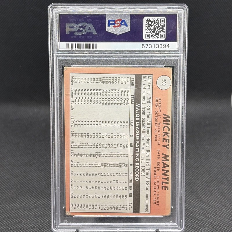 1969 TOPPS MICKEY MANTLE #500 LAST NAME IN YELLOW PSA 2 GOOD view 2