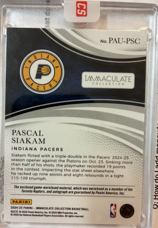 Pascal Siakam Patch Autograph Immaculate Jersey Number Patch Auto /43 Pacers view 2