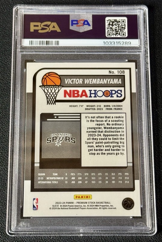 2023-24 Panini NBA HOOPS Premium Stock Victor Wembanyama #108 (RC) PSA 9 Mint view 2