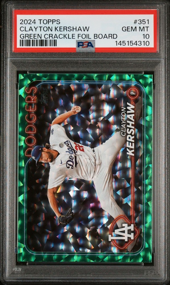 Clayton Kershaw 2021 Topps #351 Green Crackle Foil Board /499 PSA 10