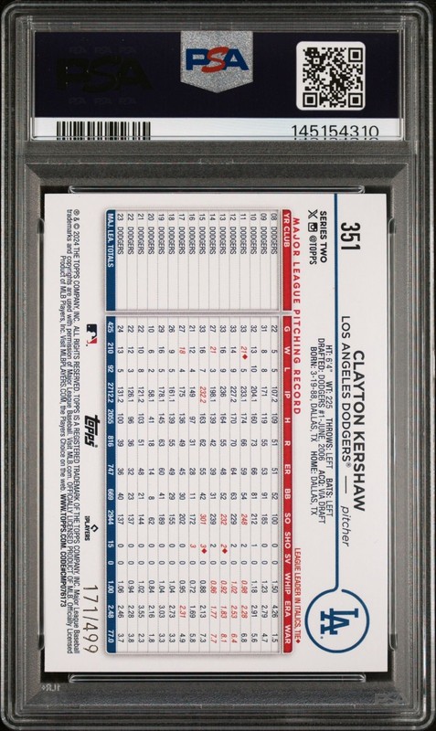 Clayton Kershaw 2021 Topps #351 Green Crackle Foil Board /499 PSA 10 view 2