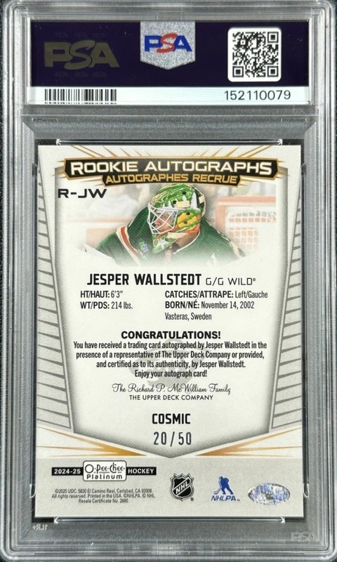 2024-25 O-PEE-CHEE Platinum PSA 10 Jesper Wallstedt /50 Cosmic Rookie Auto RC view 2