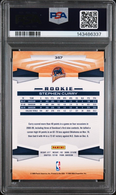 2009 Panini Stephen Curry #357 Rookie Card PSA 7 view 2
