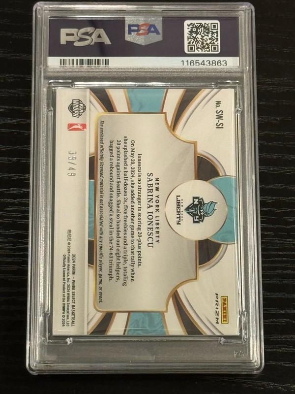 2024 Select WNBA Jersey Purple Prizm Sabrina Ionescu /49 PSA 9 (pop:4, higher:0) view 2