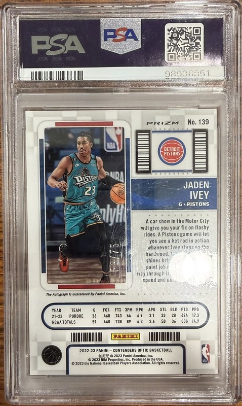 2022-23 Panini Contenders Optic Rookie Ticket Jaden Ivey Green auto /75 PSA 9 view 2