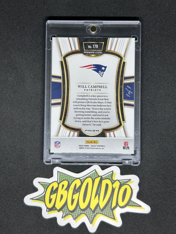 2025 Panini Select - Premier Level Will Campbell Black Prizm Shock 1/1 RC view 2