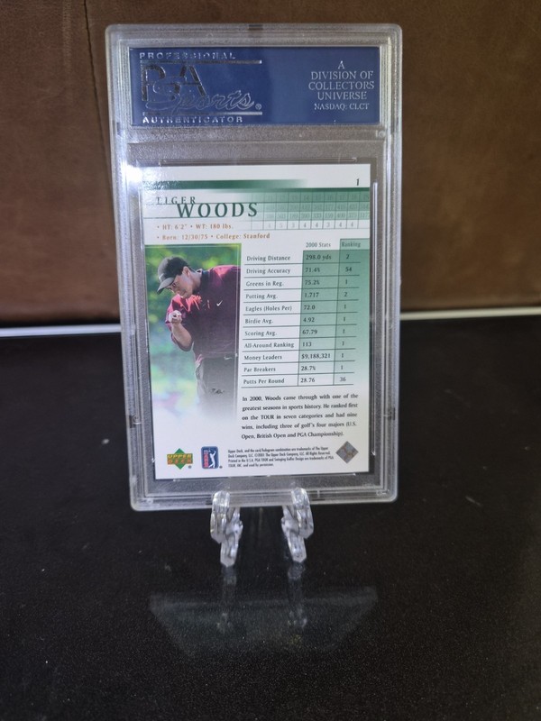 2001 Upper Deck Tiger Woods #1 (RC) PSA 8.5 NM-MT Rookie Card view 2