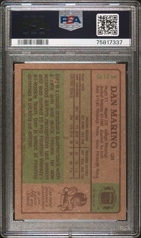 1984 Topps Dan Marino #123 Miami Dolphins Rookie AFC Pro Bowl PSA 8 view 2