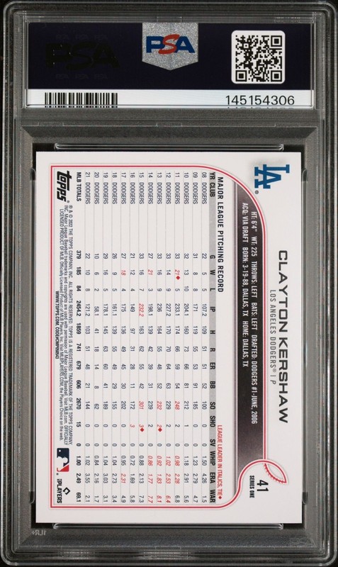 Clayton Kershaw 2022 Topps #41 Rainbow Foil PSA 9 view 2