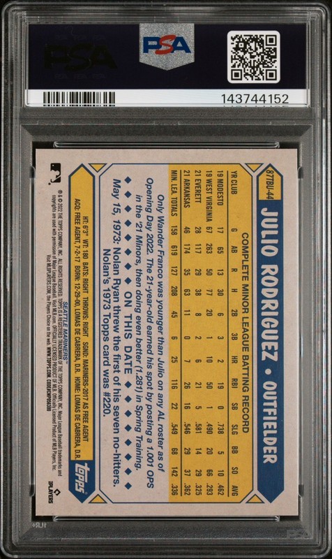 Julio Rodriguez 2022 Topps Update 1987 Baseball #87TBU-44 Rookie PSA 10 view 2