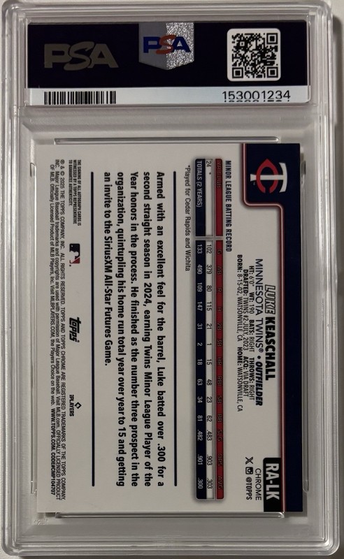 Luke Keaschall 2025 Topps Chrome Auto Gold Wave Refractor /50 PSA 9 Mint #RA-LK view 2