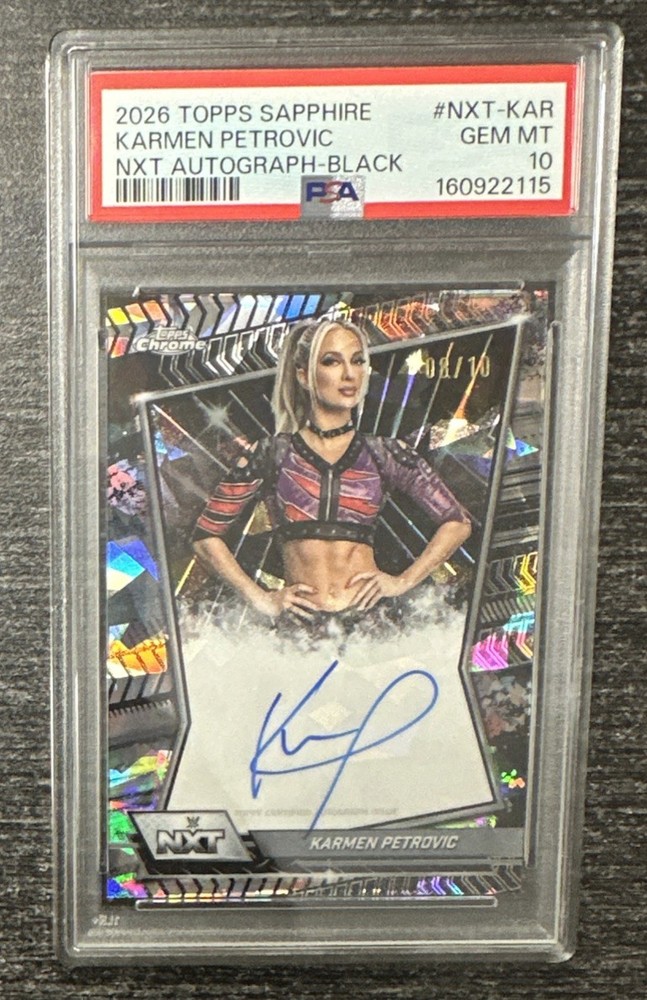 KARMEN PETROVIC - 2026 Topps Chrome WWE Sapphire BLACK On Card AUTO 8/10 -PSA 10