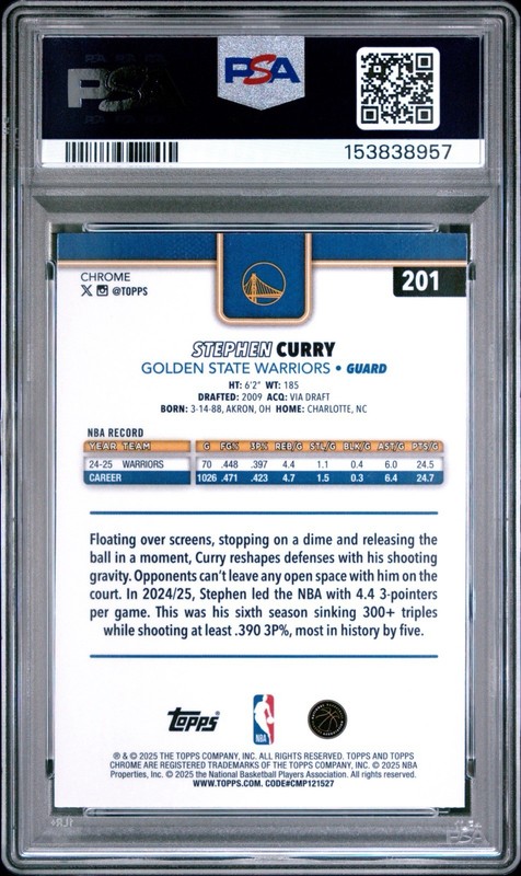 2025 Topps Chrome Stephen Curry Refractor PSA 10 view 2