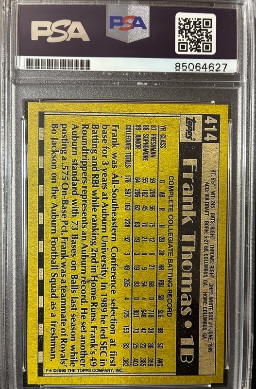 FRANK THOMAS CHICAGO WHITE SOX 1990 TOPPS NO NAME & AUTOGRAPH PSA GRADED GEM 10 view 2