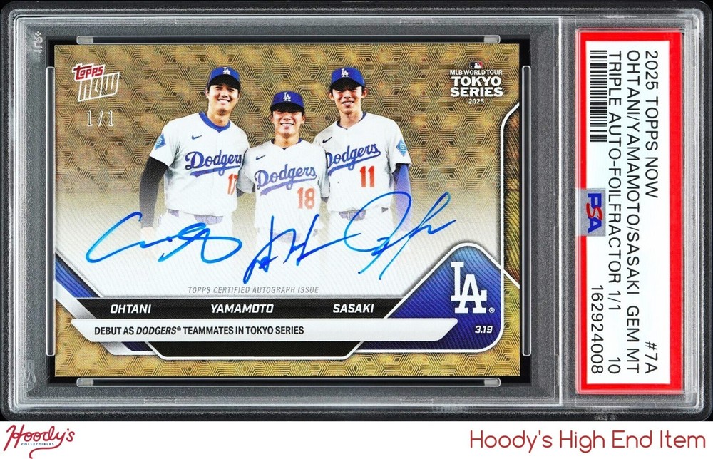 2025 Topps Now Foilfractor Shohei Ohtani, Yamamoto & Roki Sasaki AUTO 1/1 PSA 10