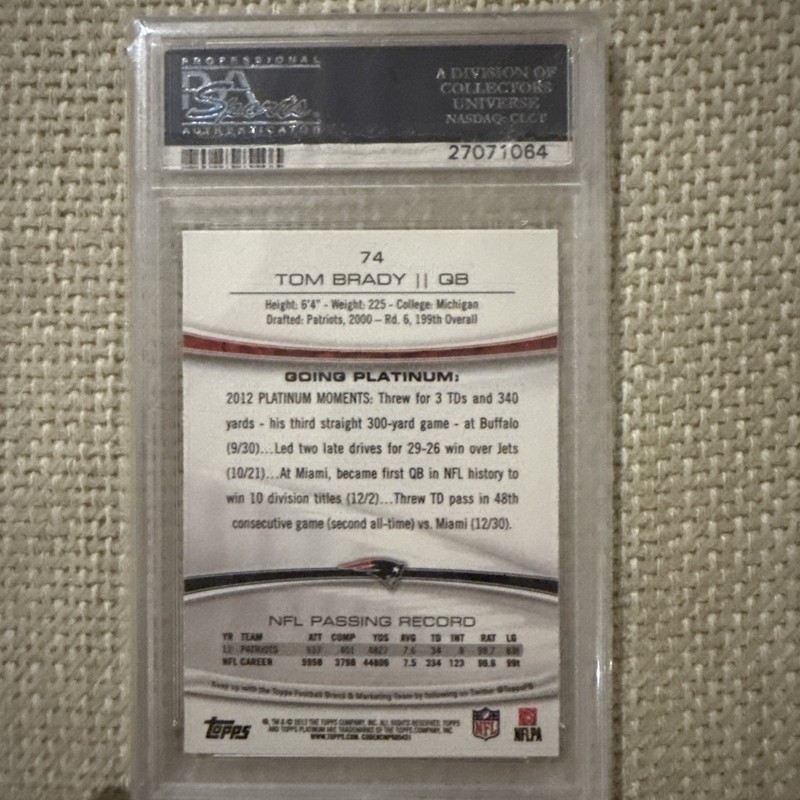 2013 Topps Platinum #74 Tom Brady PSA 10 view 2