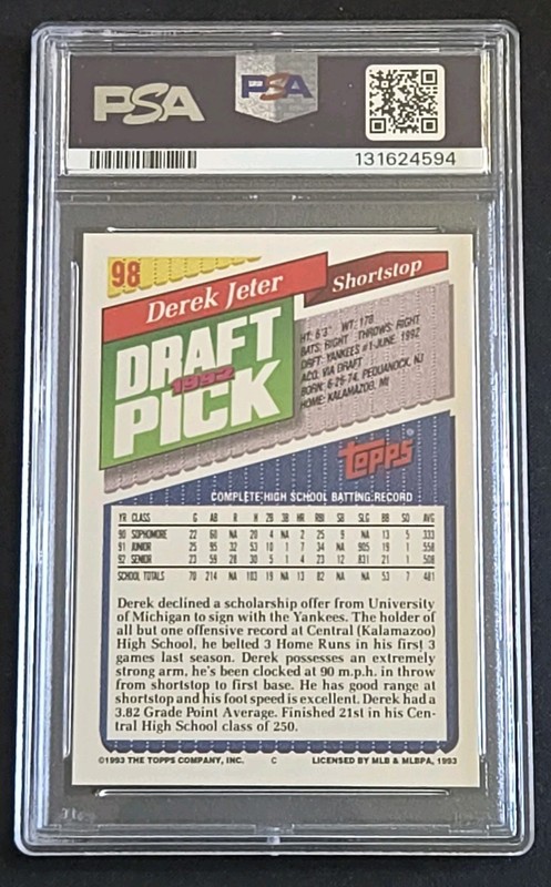 1993 Topps - Derek Jeter #98 - PSA 8 NM-MT - New York Yankees RC HOF Rookie view 2