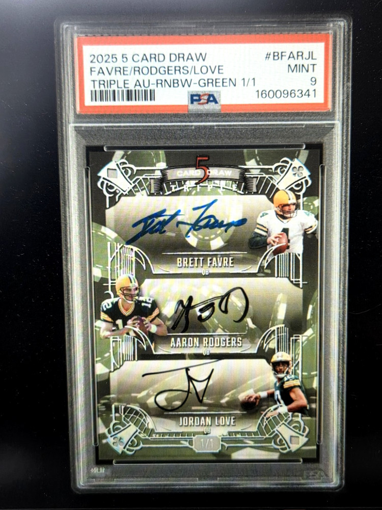 2025 5 Card Draw-PACKERS TRIPLE AUTO 1/! FAVRE, RODGERS & LOVE  PSA 9  PSA POP 1