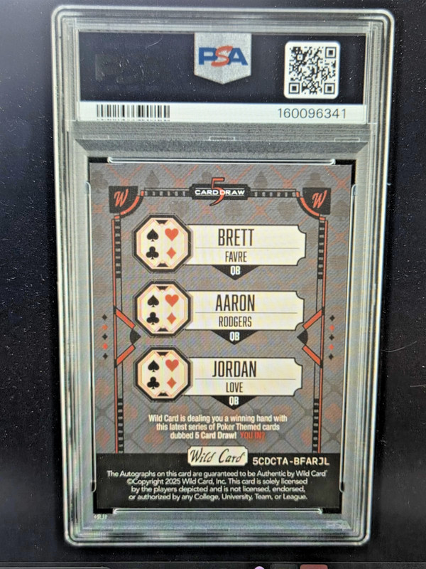 2025 5 Card Draw-PACKERS TRIPLE AUTO 1/! FAVRE, RODGERS & LOVE  PSA 9  PSA POP 1 view 2