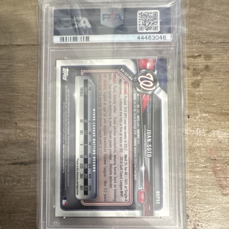Topps 2018 Bowman Chrome Prospects Juan Soto RC #BCP52 Gold Refractor /50 PSA 9 view 2
