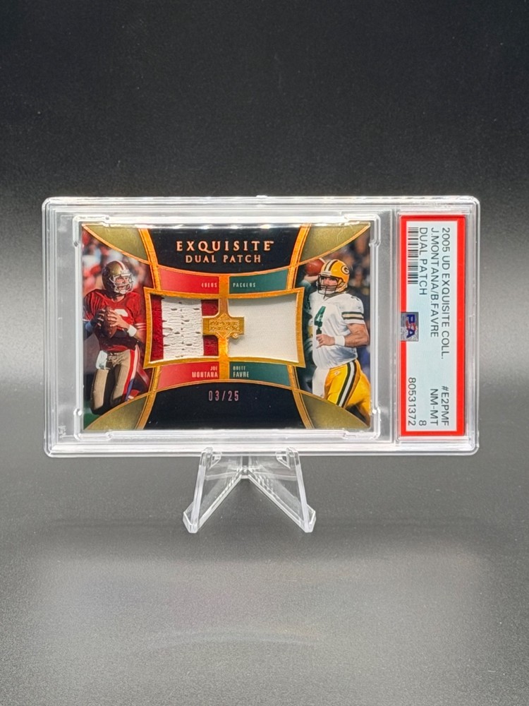 JOE MONTANA / BRETT FAVRE 2005 UD Exquisite Dual Game-Worn Patches 03/25 PSA 8
