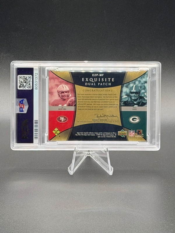 JOE MONTANA / BRETT FAVRE 2005 UD Exquisite Dual Game-Worn Patches 03/25 PSA 8 view 2