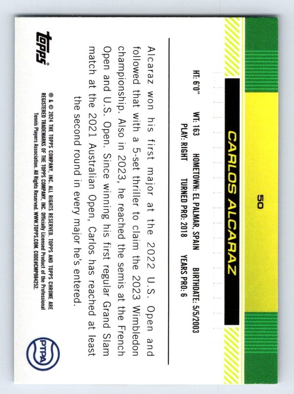 2025 Topps Chrome Tennis CARLOS ALCARAZ #50 view 2