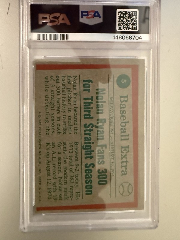 1975 Topps Baseball #5 '74 Highlights Nolan Ryan PSA 7 view 2