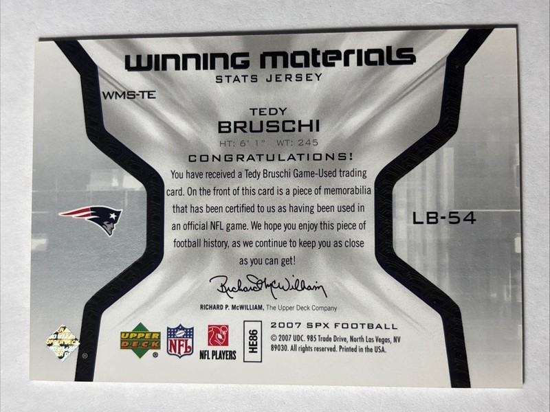 2007 SPx Winning Materials Game Used Jersey Tedy Bruschi Patriots view 2