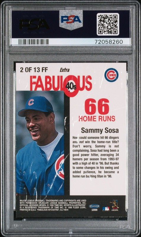 SAMMY SOSA 1999 FLEER SPORTS ILLUSTRATED #2 FABULOUS 40S EXTRA 54/66 PSA 8 view 2