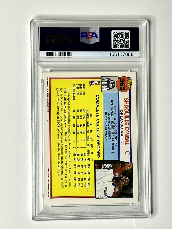 1992-93 Topps Shaquille O'Neal Rookie #362 Magic PSA 9 RC view 2