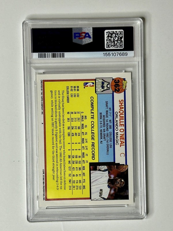 1992-93 Topps Shaquille O'Neal Rookie #362 Magic PSA 9 RC view 2