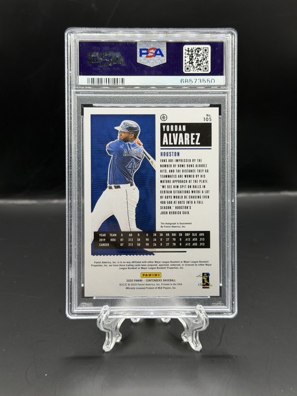 Yordan Alvarez 2020 Contenders Rookie Ticket Cracked Ice Auto /23 #105 RC PSA 9 view 2