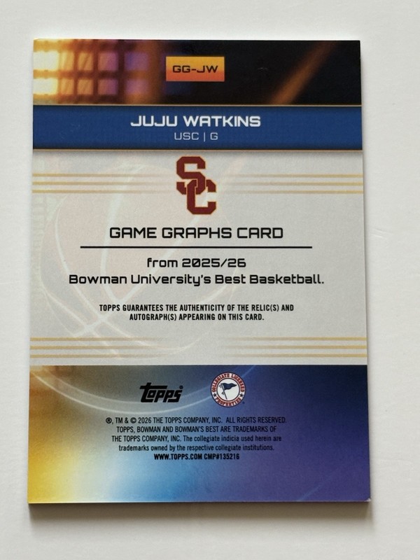 2025-26 Bowman U Best  JuJu Watkins - Game Graphs Orange /25 3 Color patch Auto view 2