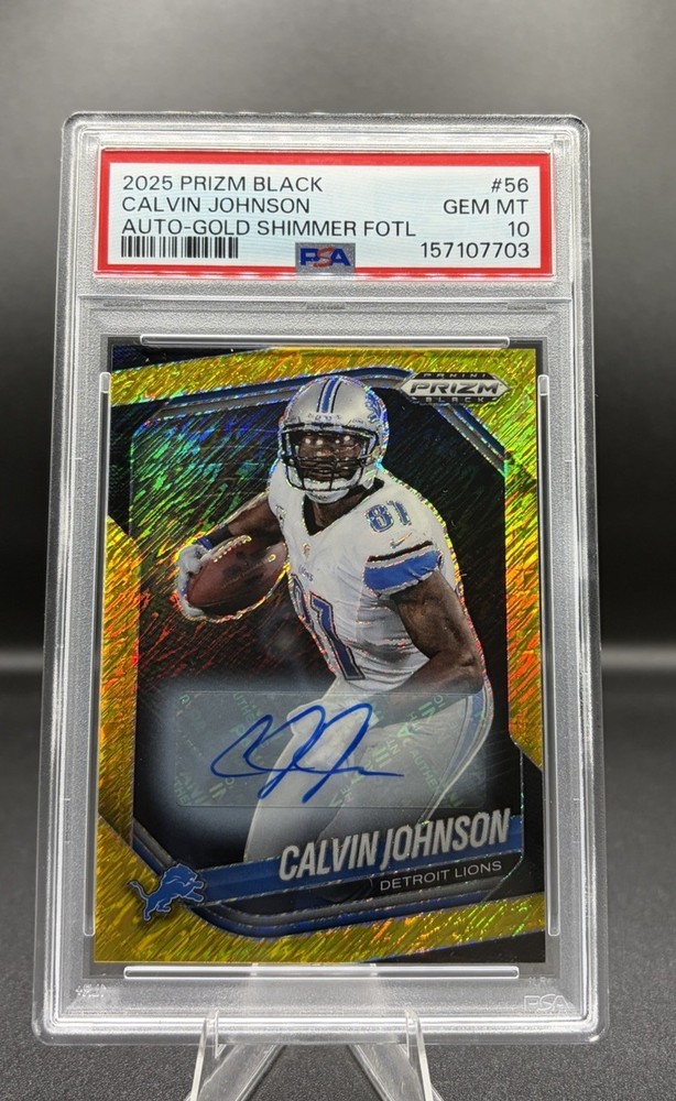 CALVIN JOHNSON 2025 Panini Prizm BLK Gold Shimmer FOTL Auto /10 PSA 10 POP 2