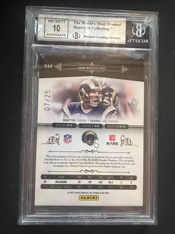 2010 National Treasures Sam Bradford gold Jersey Auto 7/25 logo patch view 2