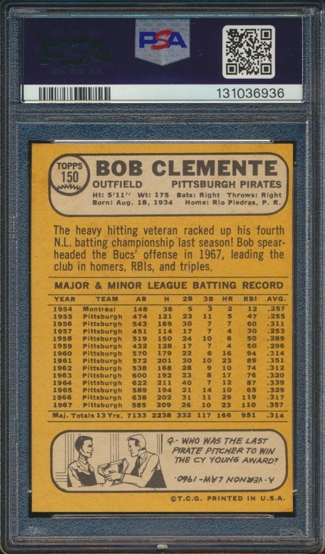 1968 TOPPS BOB CLEMENTE #150 PSA EX-MT 6 view 2