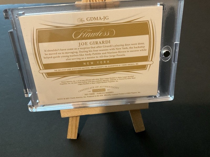 Joe Girardi 2021  Panini Flawless Auto Patch Relic GDMA-JG 5/5  New York view 2