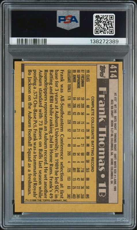 Frank Thomas HOF Signed 1990 Topps #414 White Sox RC Rookie PSA/DNA AUTO view 2